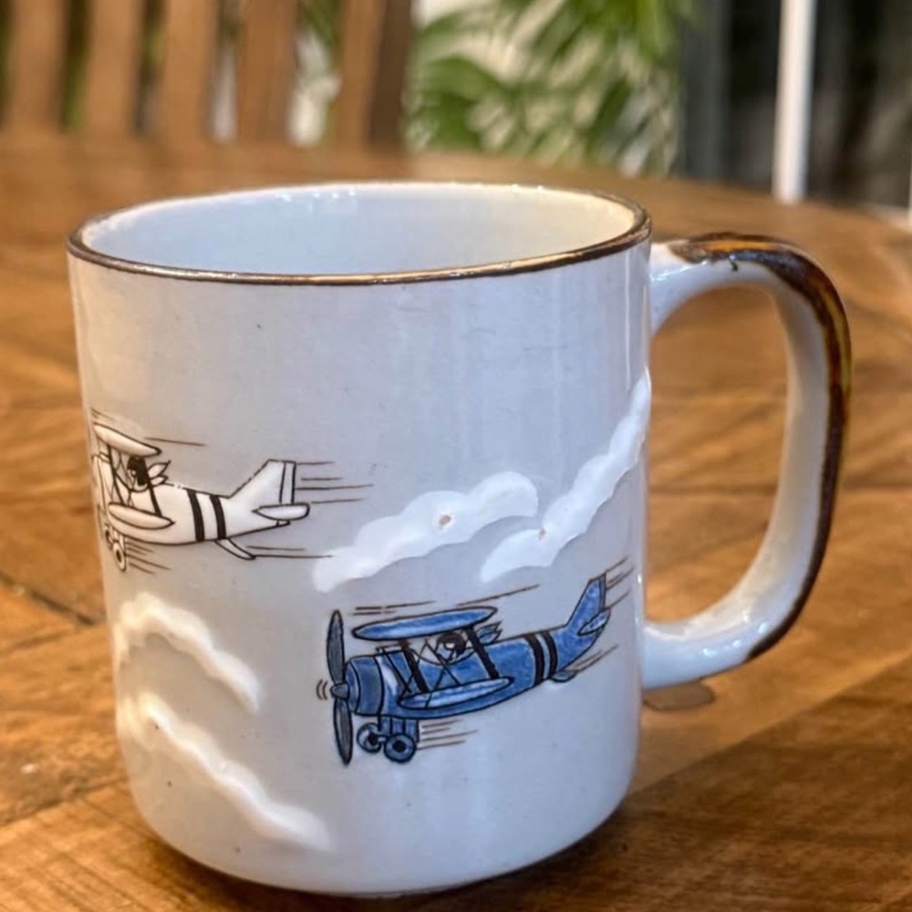 Ceramic Airplane Mug in White and Blue